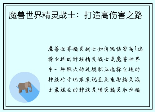 魔兽世界精灵战士：打造高伤害之路